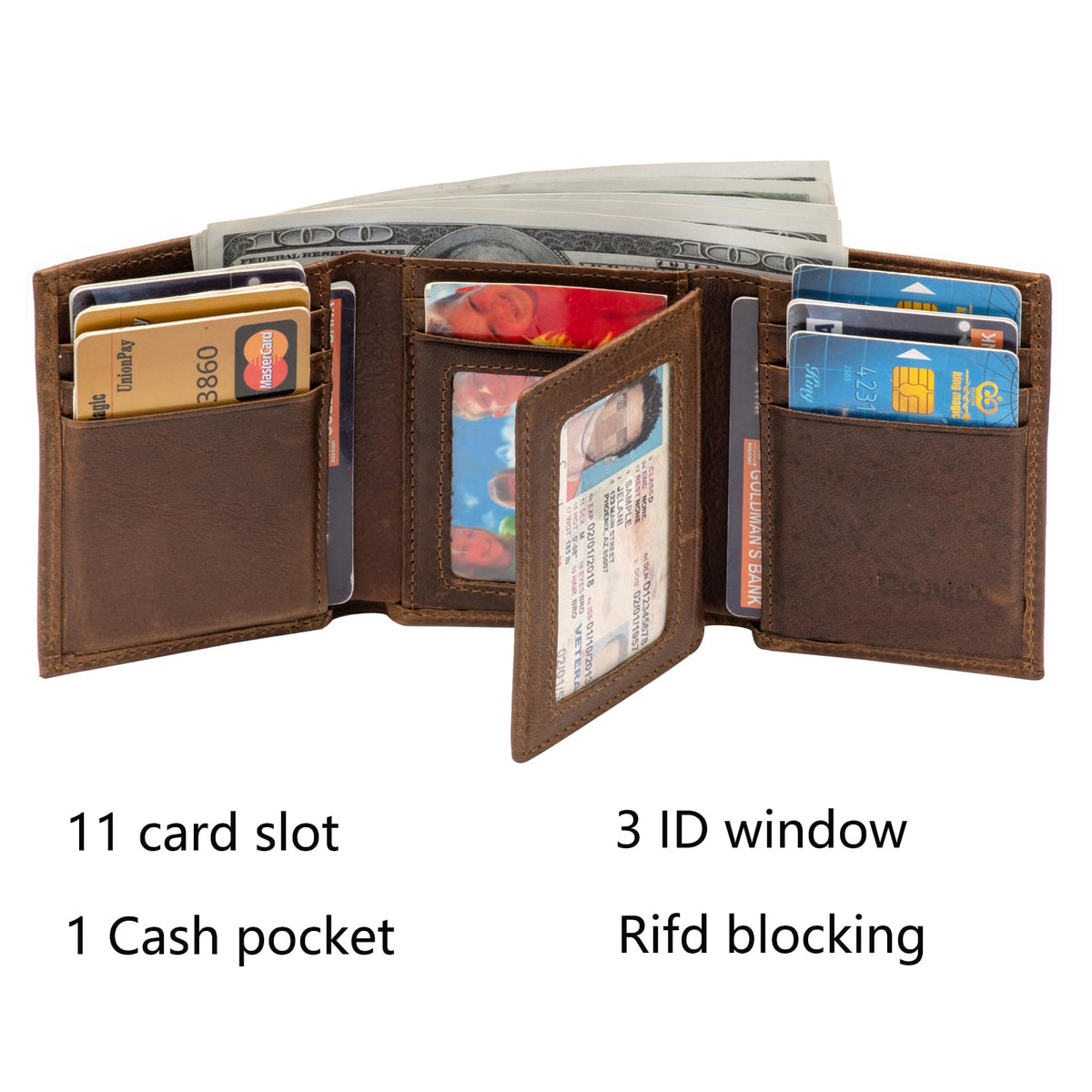 Mens Leather Wallet，Mens Trifold Wallet Rfid Blocking Genuine Leather Wallet For Men（ brown)
