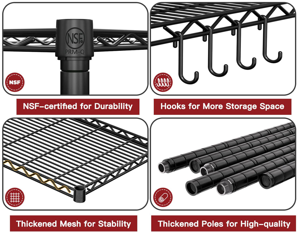 PrimeZone 36" W x 16" D x 79" H Wire Storage Shelves with Wheels, 5 Tier NSF Certified Heavy Duty Adjustable Kitchen Shelving Unit, Pantry Organizer Rack Rolling Metal Shelf for Garage Closet Bathroom