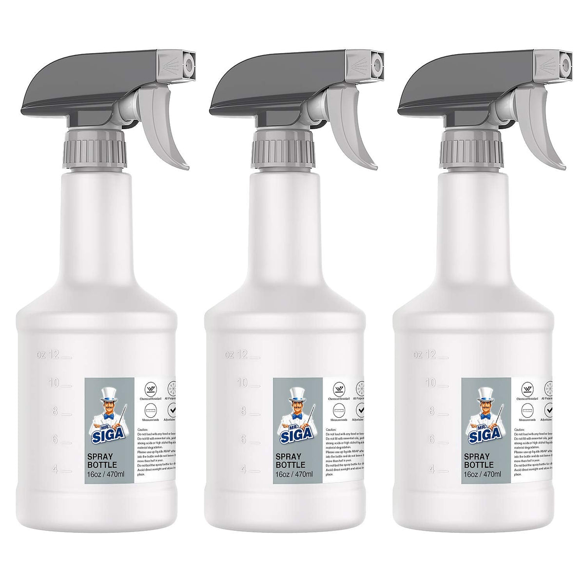 MR.SIGA 16 oz Empty Plastic Spray Bottles for Cleaning Solutions, Heavy Duty Household Reusable Spray Bottles with Measurements and Adjustable Leak Proof Nozzle, 3 Pack
