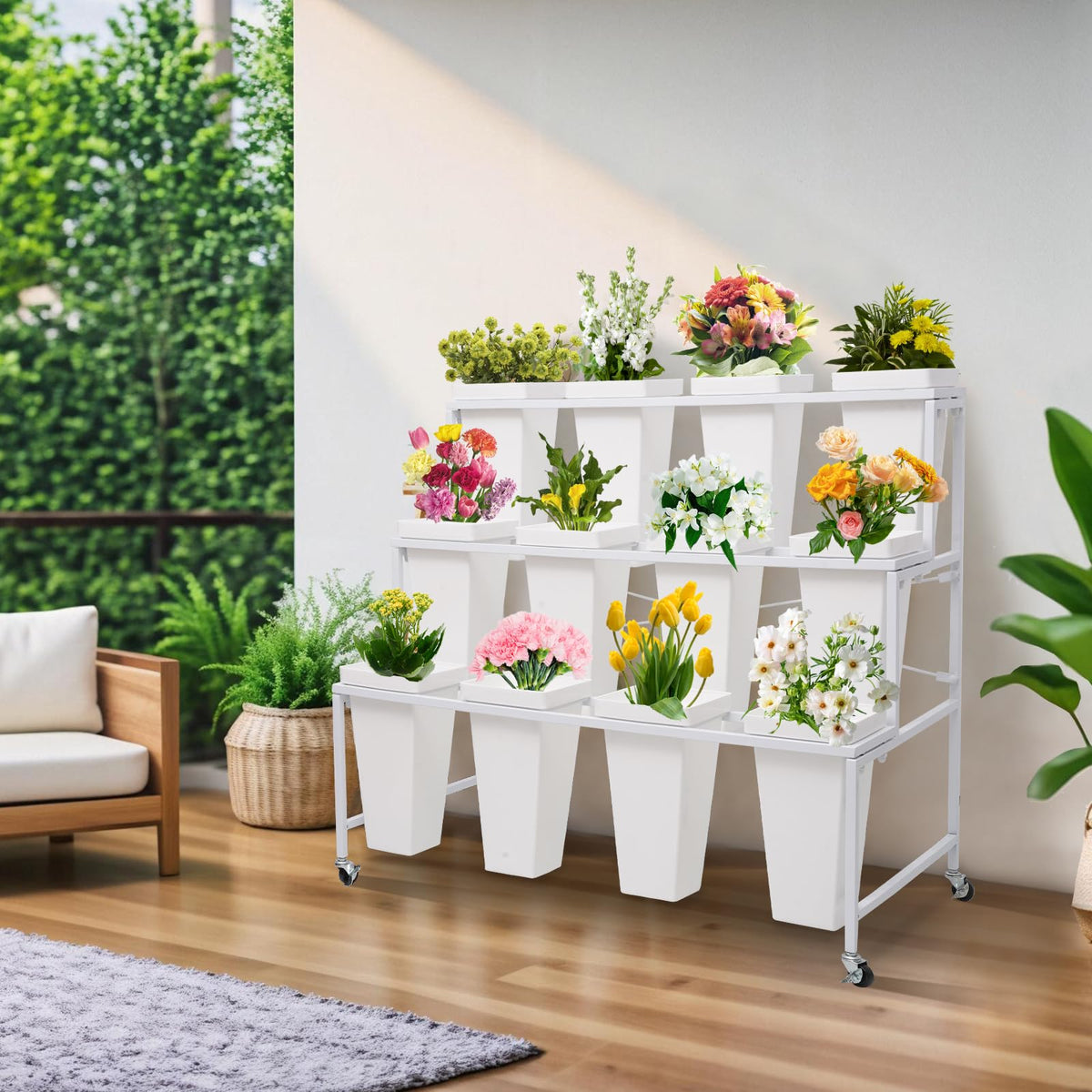 Flower Display Stands with Buckets, 3-Tier Rolling Plant Stand with Locking Wheels - Heavy Duty Metal Flower Cart for Indoor/Outdoor Use, Wedding Decor & Florist Displays (Holds 12 Pots) (White)