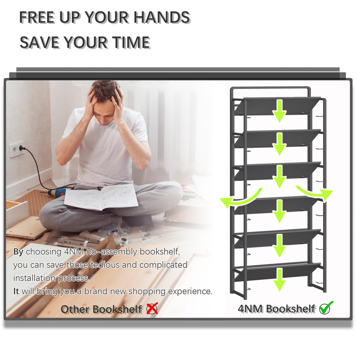 4NM No Assembly 6 Tiers Folding Bookshelf Storage Shelves Vintage Bookcase Standing Racks Study Organizer Home Office (All Black)