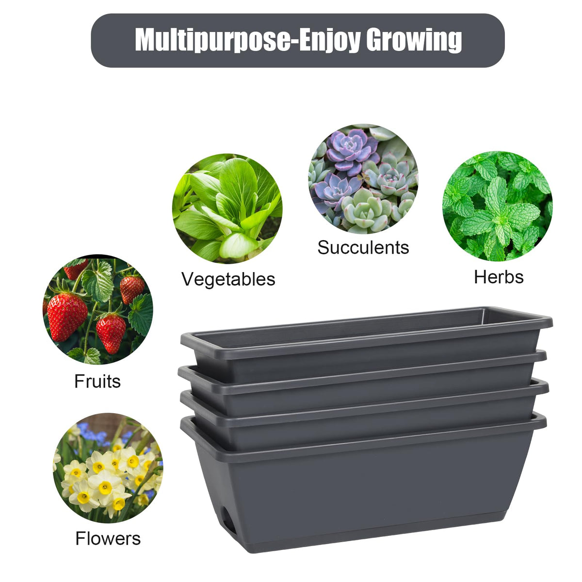 Deck Railing Planter Boxes 2 Tier Grey Window Boxes Planters Set of 2 with 4 Pack Rectangular Planter 16.9 Inch Outdoor Balcony Hanging Planters with Adjustable Brackets for Garden Porch Patio