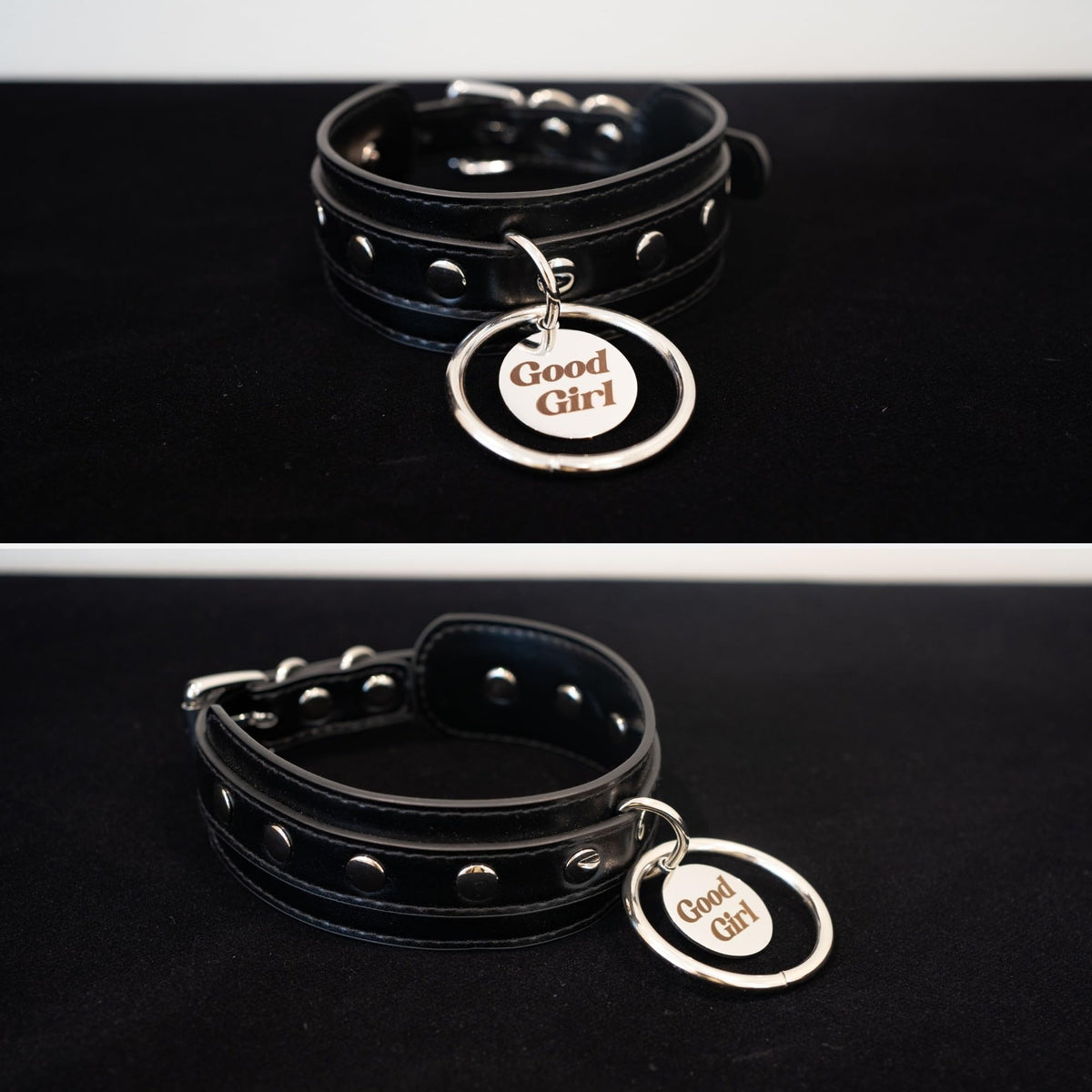 ADEMISHIA Black O-ring Leather Choker Collar for Women, Gothic Punk Style Adjustable Choker Necklace with Rivets and Engraved Letters Steel Tag