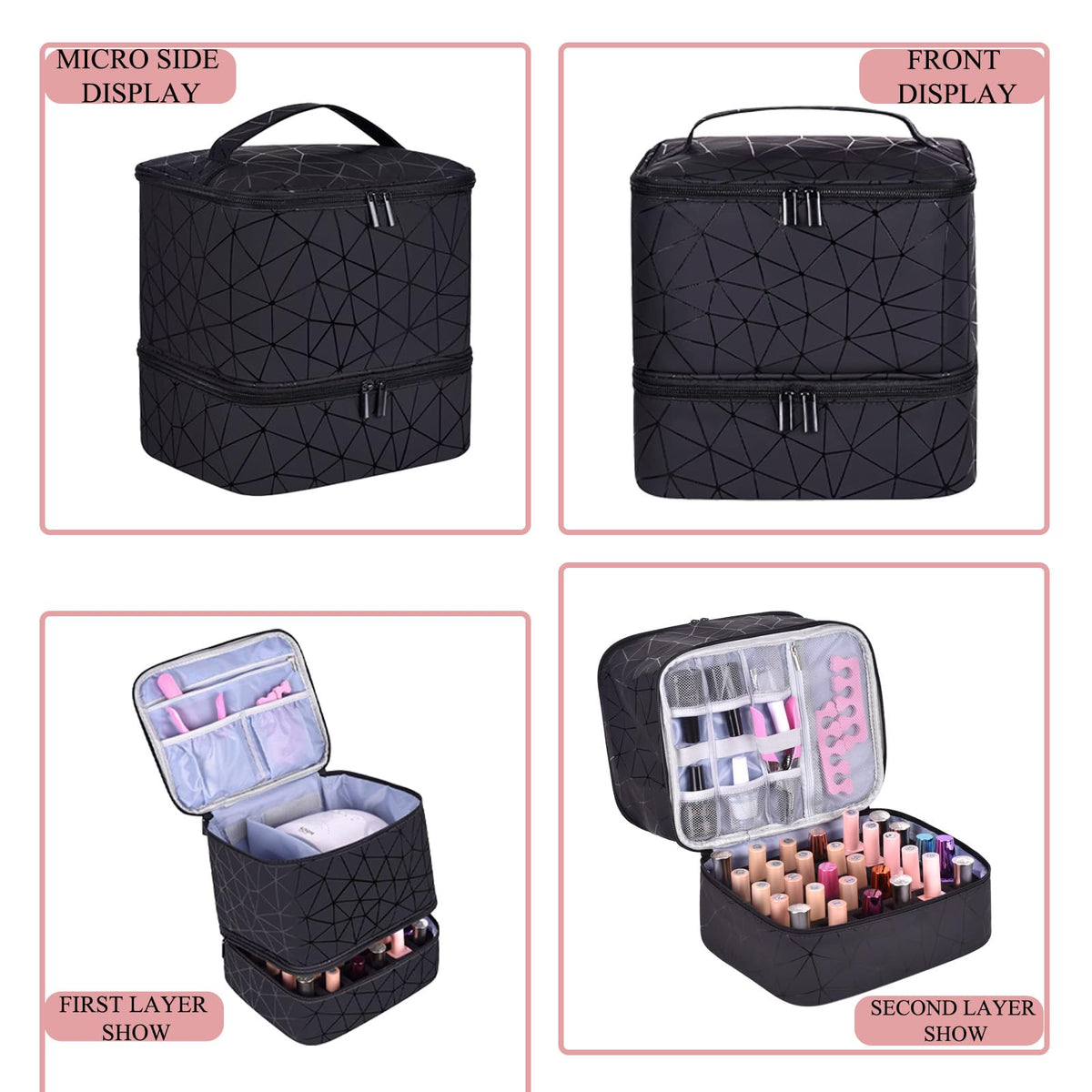 RZMAYIS PU Leather Nail Polish Organizer, Double Layer Nail Polish Storage Holds 30 Bottles (15ml/0.5fl.oz) & Nail Lamp, Portable Nail Bag Organizer Case for Nail Tech Travel & Manicure Kit