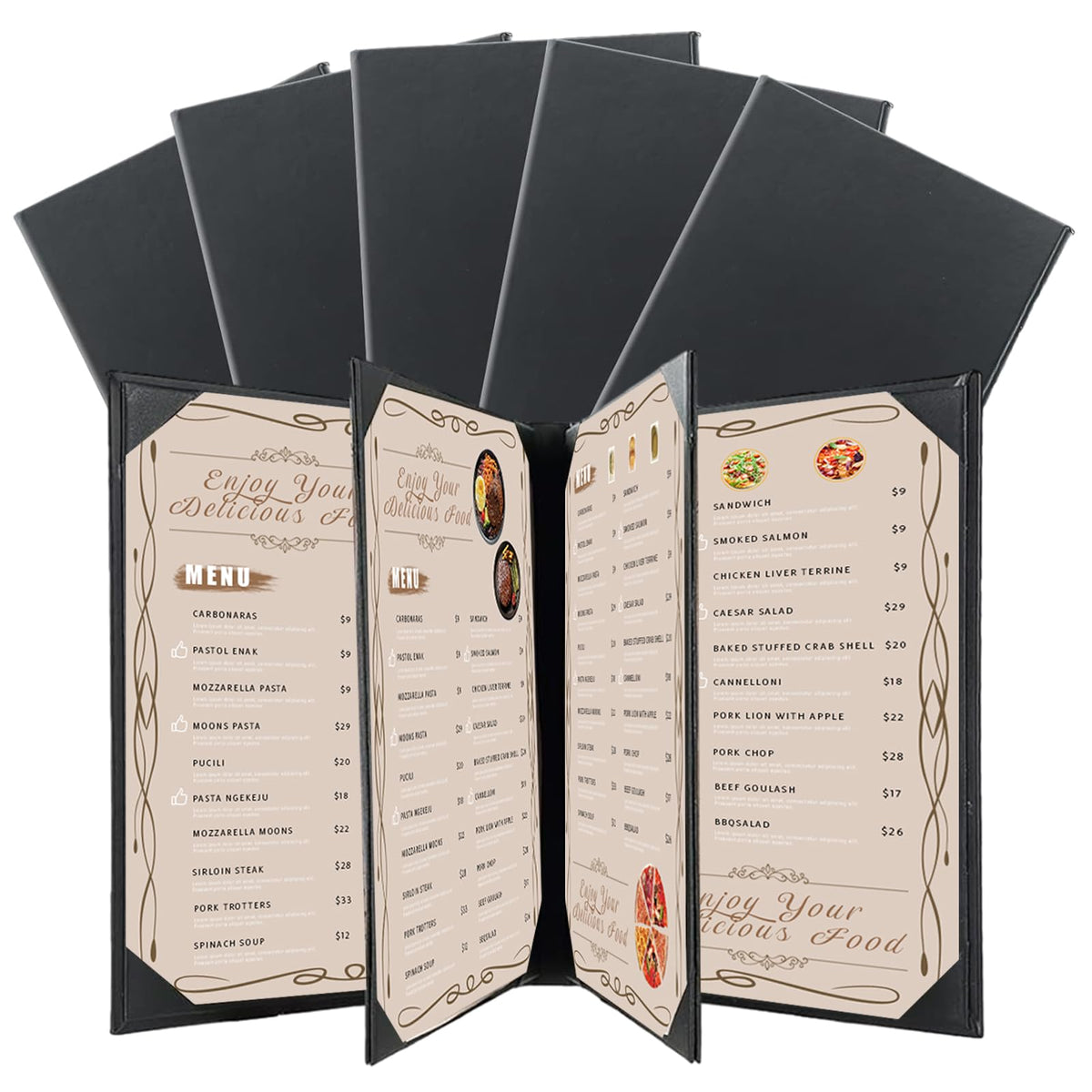 FLKQC Restaurant Menu Covers Holders 8.5 X 11, 5 Pack Synthetic Leather Menu Holder Covers Book Style with Angled Corners Black for Wine List, Certificate Organizer Diploma Holder (4 Page 6 View)