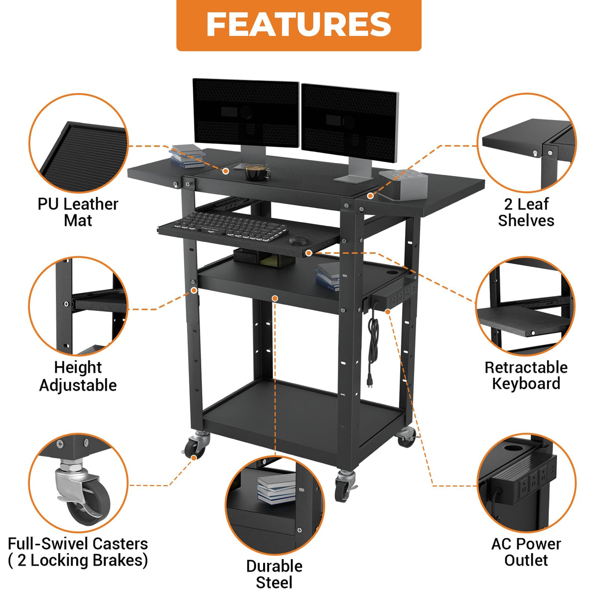 Mobile AV Cart with Pullout Keyboard Tray, Rolling Computer Cart Height Adjustable Rolling Media Utility Cart with 4 Wheels, 4 Outlets, Perfect for Home or Office Us