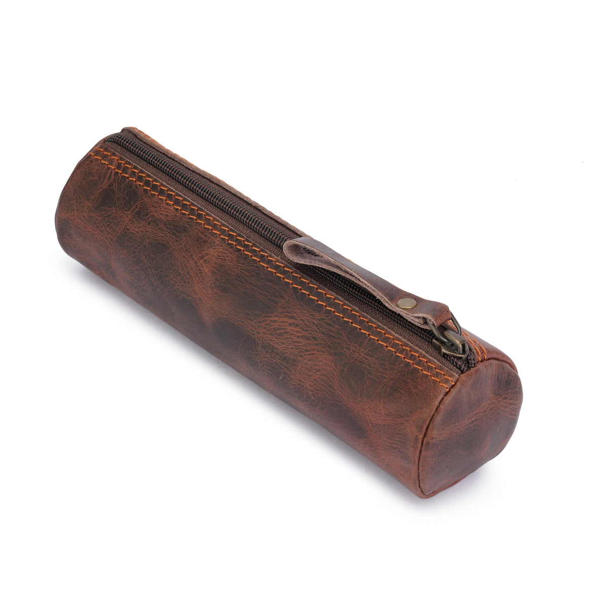 CestAntiQ Round Leather Zipper Pencil Case – Full Grain Handmade Pen, Marker & Sketch Pouch, Compact Tube-Shaped Organizer for Office & Travel, Premium Small Tool Holder for Adults – Brown