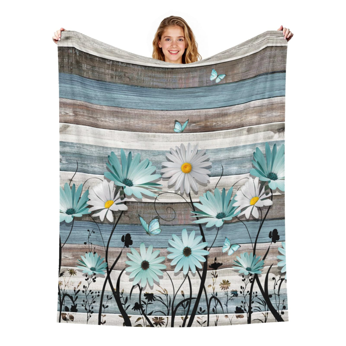 Arktrident Daisy Floral Throw Blanket Rustic Wood Lightweight Cozy Fuzzy Plush Couch Cover Flannel Fleece Bed Blankets for Bedroom Living Room 50"X60"