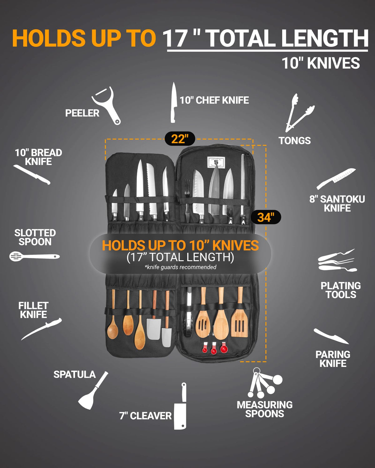 Chef Knife Bag Vintage Backpack VINTAGE, Professional Knife Carrying Case for Chefs & Culinary Students, 30+ Pockets, Holds 10" Knives, Water-Resistant 600D Material (Heather Blue)