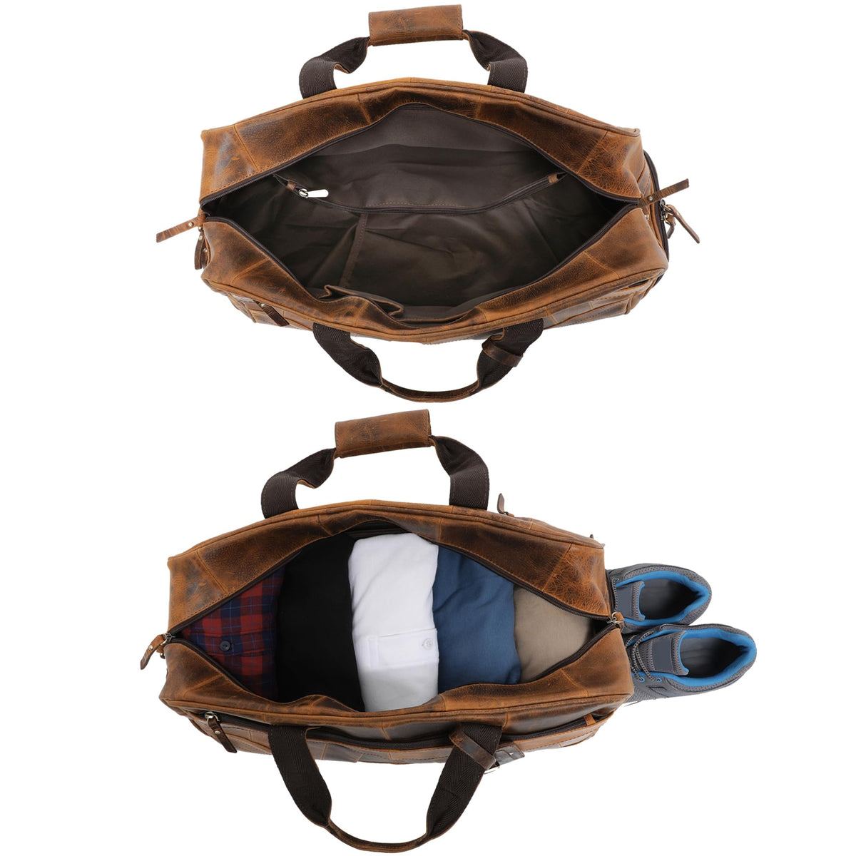 Leather Duffle Bags for Men - Handmade Full Grain Leather Weekender Bag with 2 Shoe Compartment, Underseat Carry On Travel Luggage