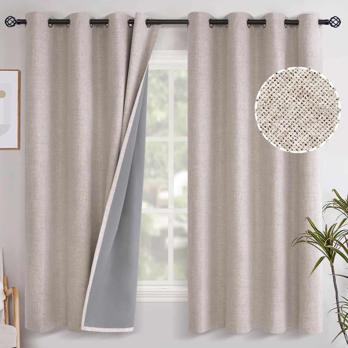 YoungsTex Linen Blackout Curtains 63 Inch Length for Bedroom, Room Darkening Window Drapes with Grommet Thermal Insulated Black Out Blinds for Living Room, 2 Panels, 52 X 63 Inch, Beige