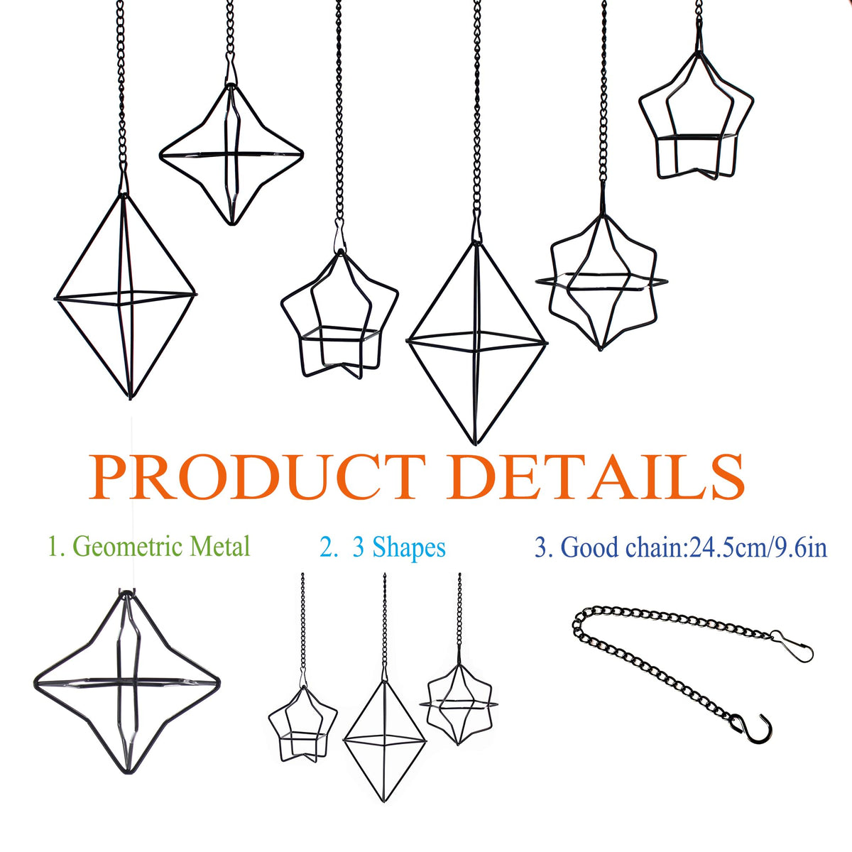 libproqia Geometric Air Plant Hanger 6 Pack Black Metal, 3 Shapes & 2 Sizes with Detachable Chains, Modern Himmeli Wall Hanging Planter for Tillandsia Indoor Home Decor