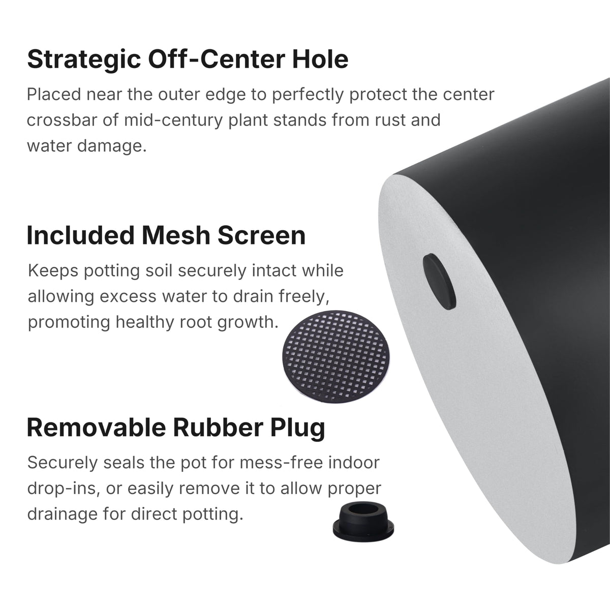 FaithLand 14 Inch Fiberstone Planter - Lightweight Modern Cylinder Plant Pot with Drainage Hole & Plug, Indoor Outdoor Use, Matte Black