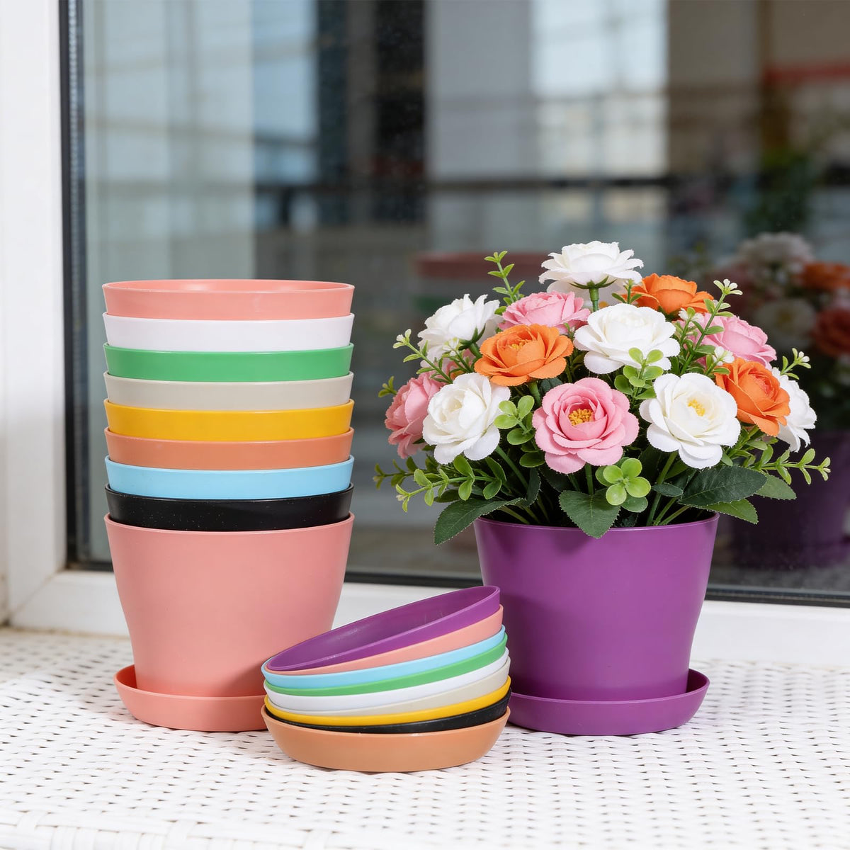 PercyEffie 50 Pack 4 Inch Plant Pots, Bulk Small Plastic Planters with Drainage Holes and Saucers Flower Pot for Flowers, Succulent, Cactus, Seed Starting Pots, Colorful