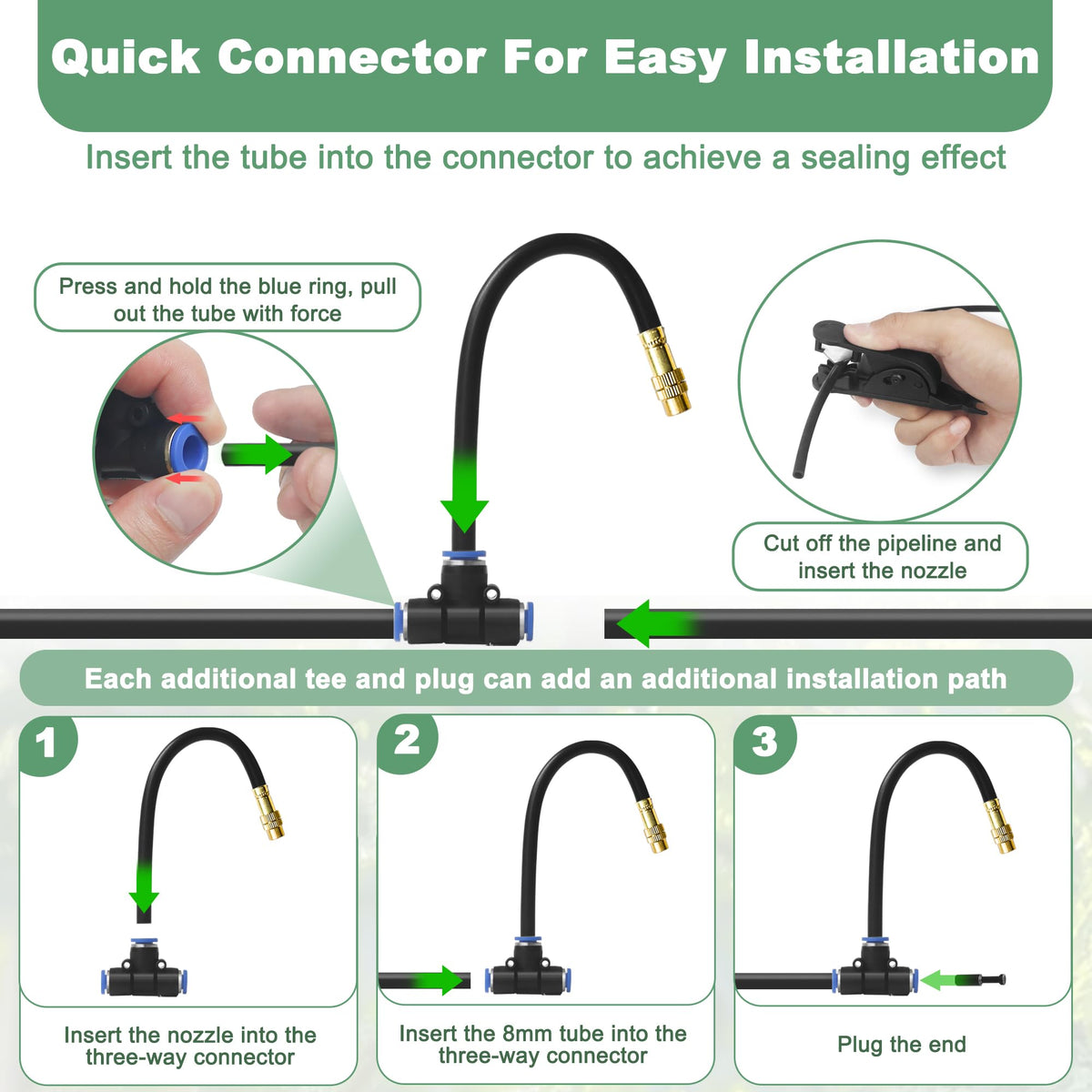 Quibbay 65.6Ft 360° Adjustable Drip Irrigation System Kit, Automatic Garden Watering System with 20 Copper Nozzles, Atomizing Misting Watering System with 360° Bending Dropper for Plant Lawn Patio