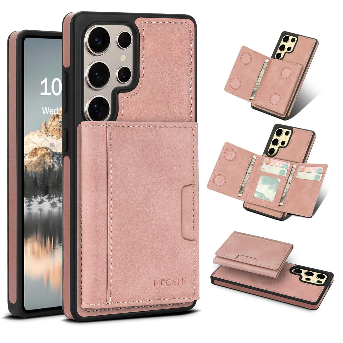 Godzoen for Samsung Galaxy S25 Ultra Wallet Case, 2-in-1 Detachable Magnetic Wallet Case, Card Holder RFID Blocking, Fashionable Faux Leather Card Slot & Folding Design (Pink)