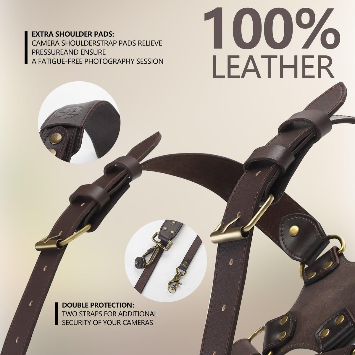 4J LEDR Dual Camera Harness Strap for Two-Cameras,Dual Shoulder Full Grain Leather Harness,Multi Double Camera Gear for DSLR/SLR Strap,Double Camera Harness for Photographers,Small Size,Brown