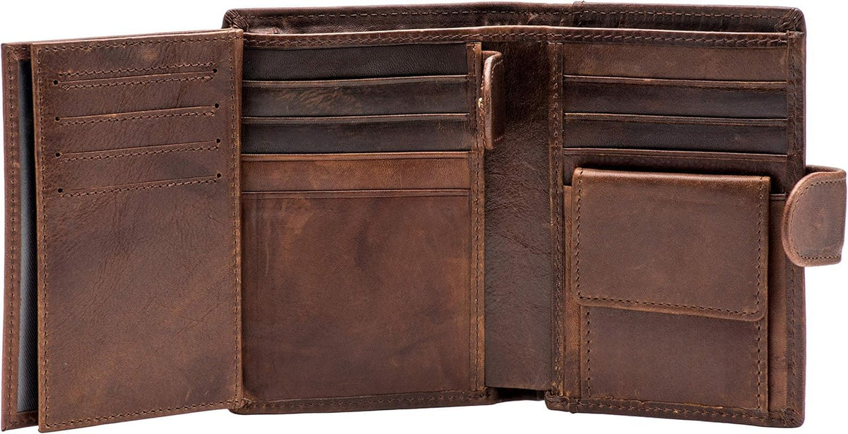 Plinvo Mens Large RFID Blocking Genuine Leather Wallet Trifold Card Holder with Snap Closure and 3 ID Windows (Coffee)