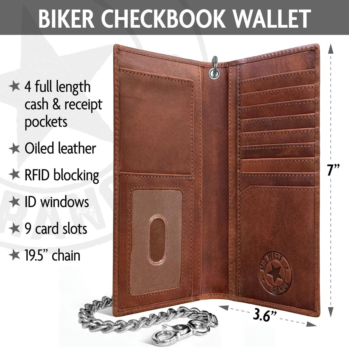 Father's Day Wallet - Tall Wallet w. Chain for Men, Patriotic Biker – Distressed Brown Leather, RFID Blocking, 10 Card Slots with ID Holder, Embossed Motorcycle & American Flag Design, 100% Leather.