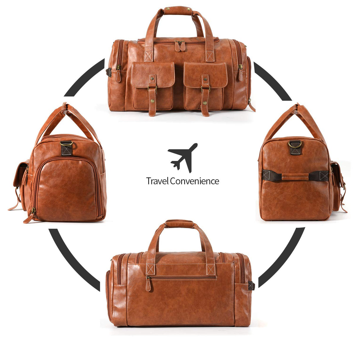 Zeroway PU Leather Travel Duffel Bag with Shoe Pouch Large Carry on Bag Waterproof Weekender Overnight Bag for Men Women Brown