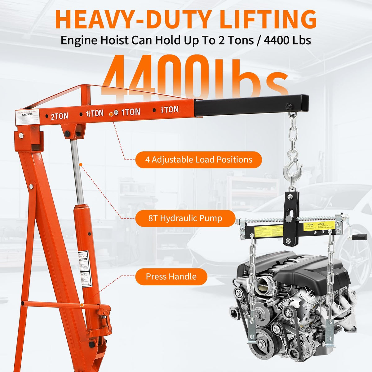 2 Ton Folding Hydraulic Engine Hoist with Load Leveler 4400 LBS Capacity Heavy Duty Cherry Picker 6 Swivel Wheels&Hydraulic Pump Adjustable Boom (0.5T-2T) for Garage Workshop Warehouse Orange