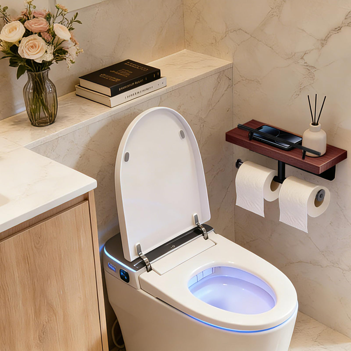 Toilet Paper Holder with Wood Shelf, Wall Mount Toilet Paper Roll Holder with Wooden Shelf and Matte Black Stainless Steel Pipe, Tissue Roll Holder for Bathroom Washroom (Dark Brown, 13.8'' x 5.9'')