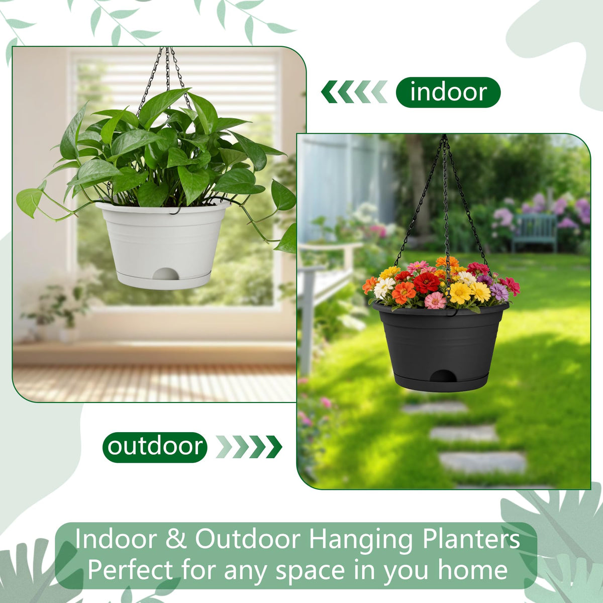 Nooulap 4 Pack Hanging Planters, 10 Inch Plant Pots with Hanger Chain & Drainage Trays, Hanging Baskets for Plants Outdoor Indoor, Flowers Pots for Home, Garden, Porch Decor (2 Grey + 2 Black)