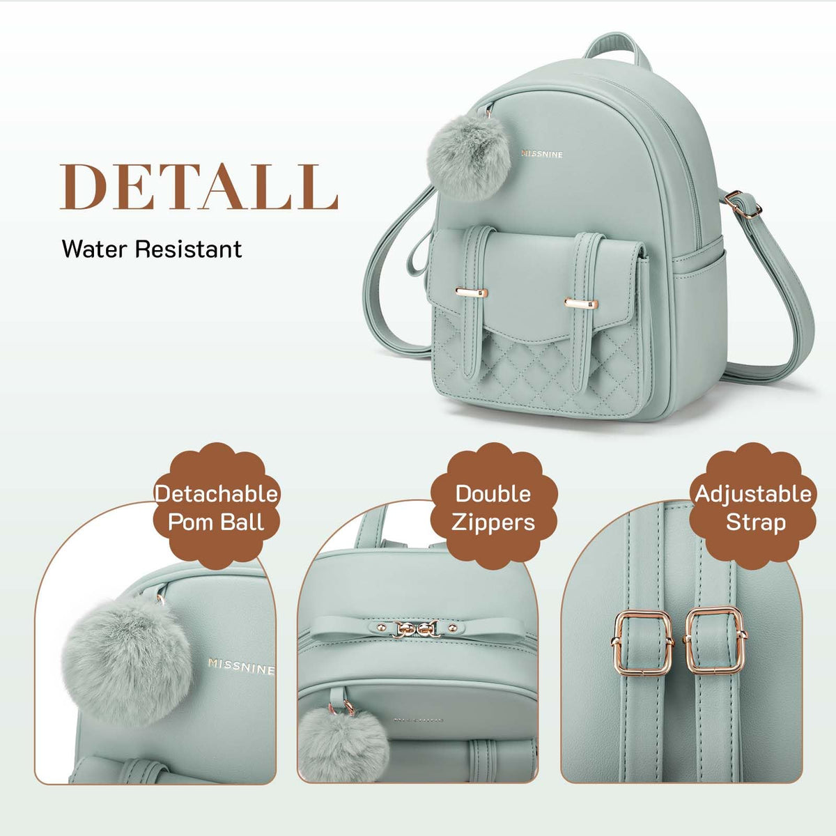 Missnine Mini Backpack for Women Cute Small Backpack Purse With Pompom PU Leather Bookbag Small Casual Daypacks For Ladies