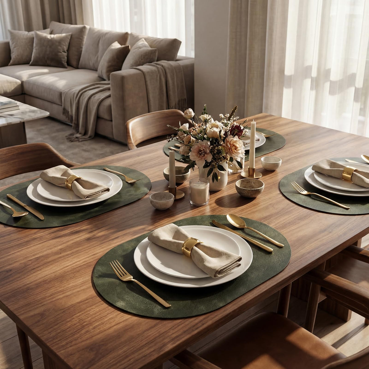 BIPASION Oval Placemats 2mm Ultra Thick Faux Leather Table Mats, Heat Resistant Waterproof Wipeable Dining Mats for Kitchen Table, Set of 6, Olive Green