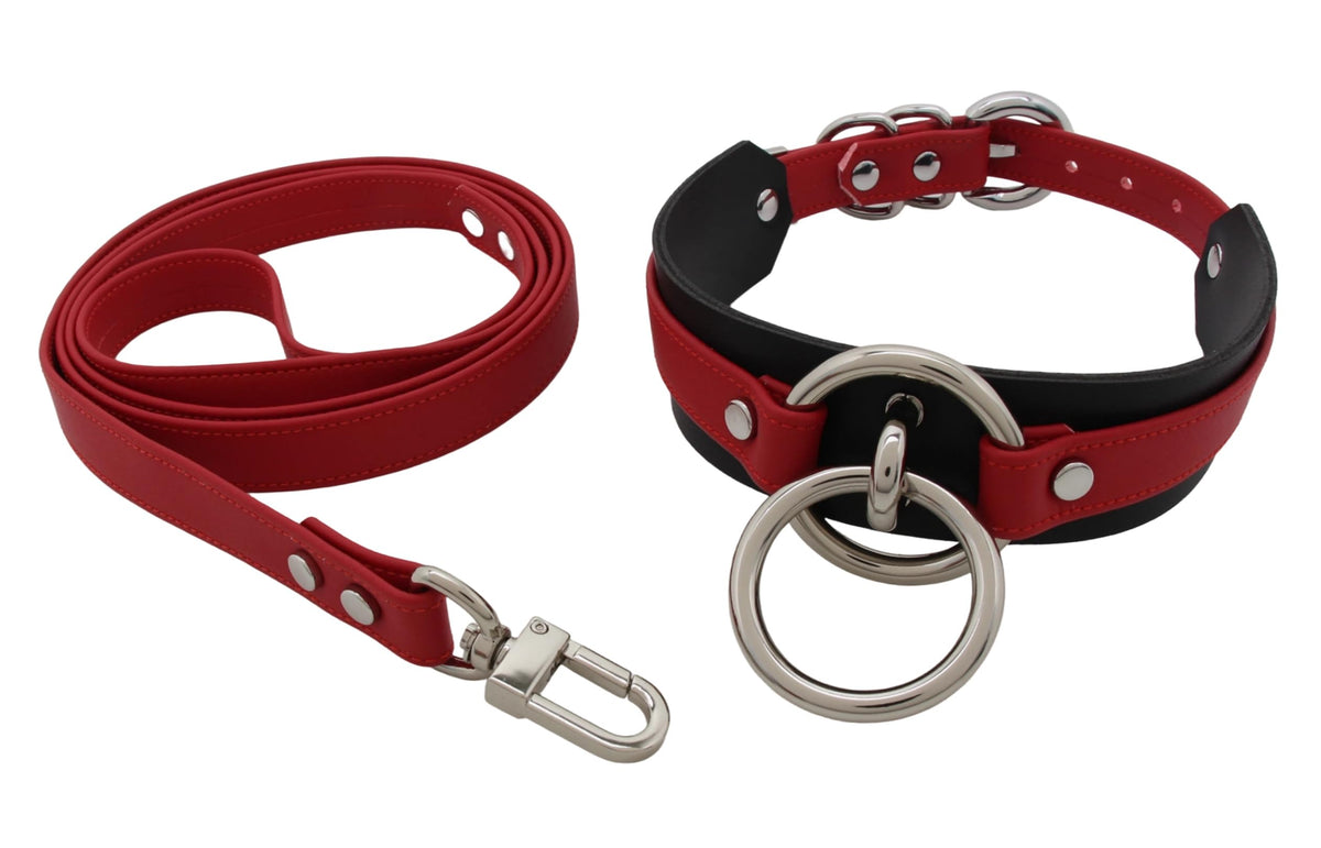 Lookook Fashion O-Ring Faux Leather Choker Necklaces Collar For Womens (Red Black Silver with Leash)