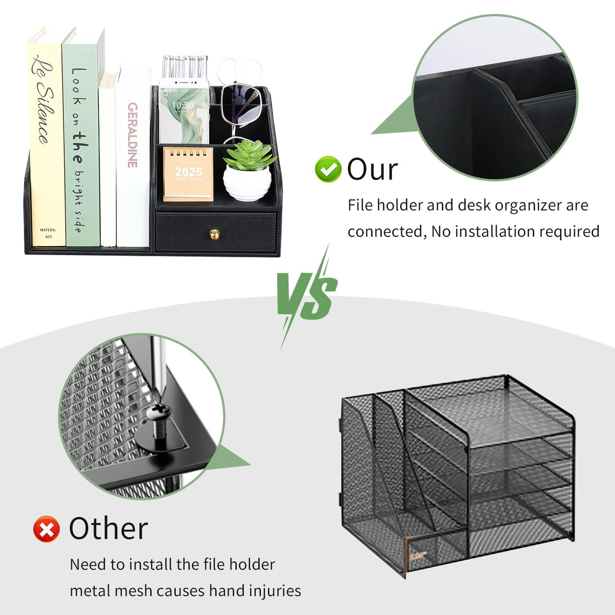 GORESE PU Leather Desk Organizer, File Organizer with Drawer and 4 Compartments, Desktop Organization with Magazine file Holder for Office Supplies, Elegant Gift for Men Who Have Everything, Black