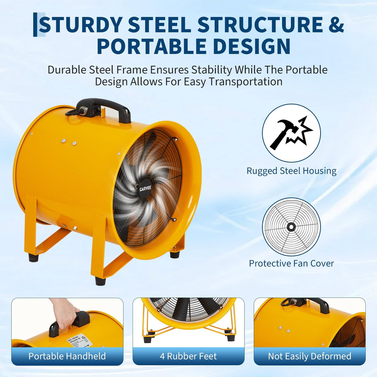 SierraSquad 12 Inch Air Mover Blower Fan, 3500 CFM Heavy Duty Industrial Exhaust Fan with 32.8ft Flexible Duct, Low-Noise Portable Blower Exhaust Fan for Construction, Workshops