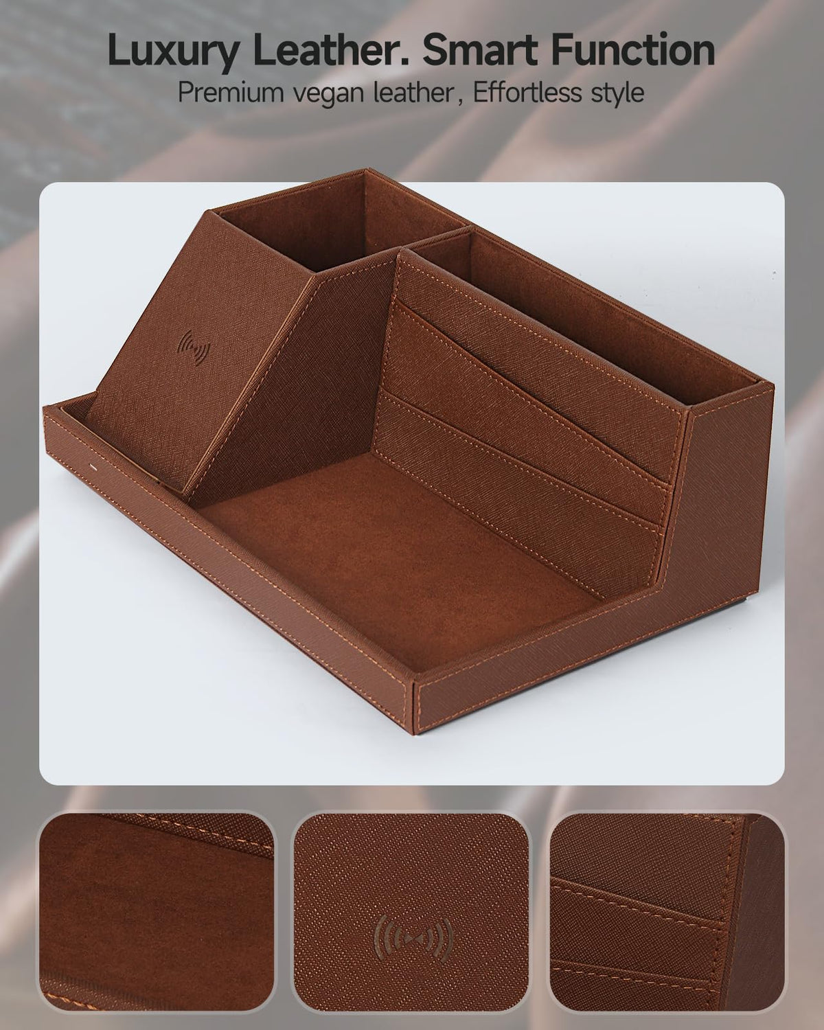 Fast Wireless Charging Station with Desk Organizer for iPhone 17/16/15/15 Pro/14/14 Pro Max/14 Pro/14 Plus/13/13 Pro Max/13 Pro/and iPhone 12/11 Series, Nightstand Desktop Organizer, Brown