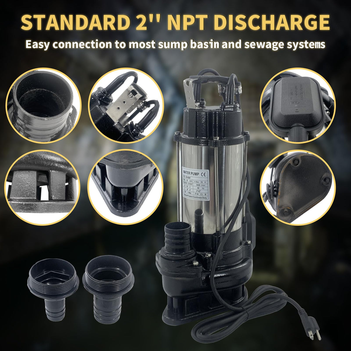 Submersible Sewage Sump Pump, 3/4HP 115V, 6868 GPH Stainless steel Sewage Pump Automatic Float Switch, 2'' NPT Discharge, 10FT Cable for Basement Sump Basin & Sewage Pit
