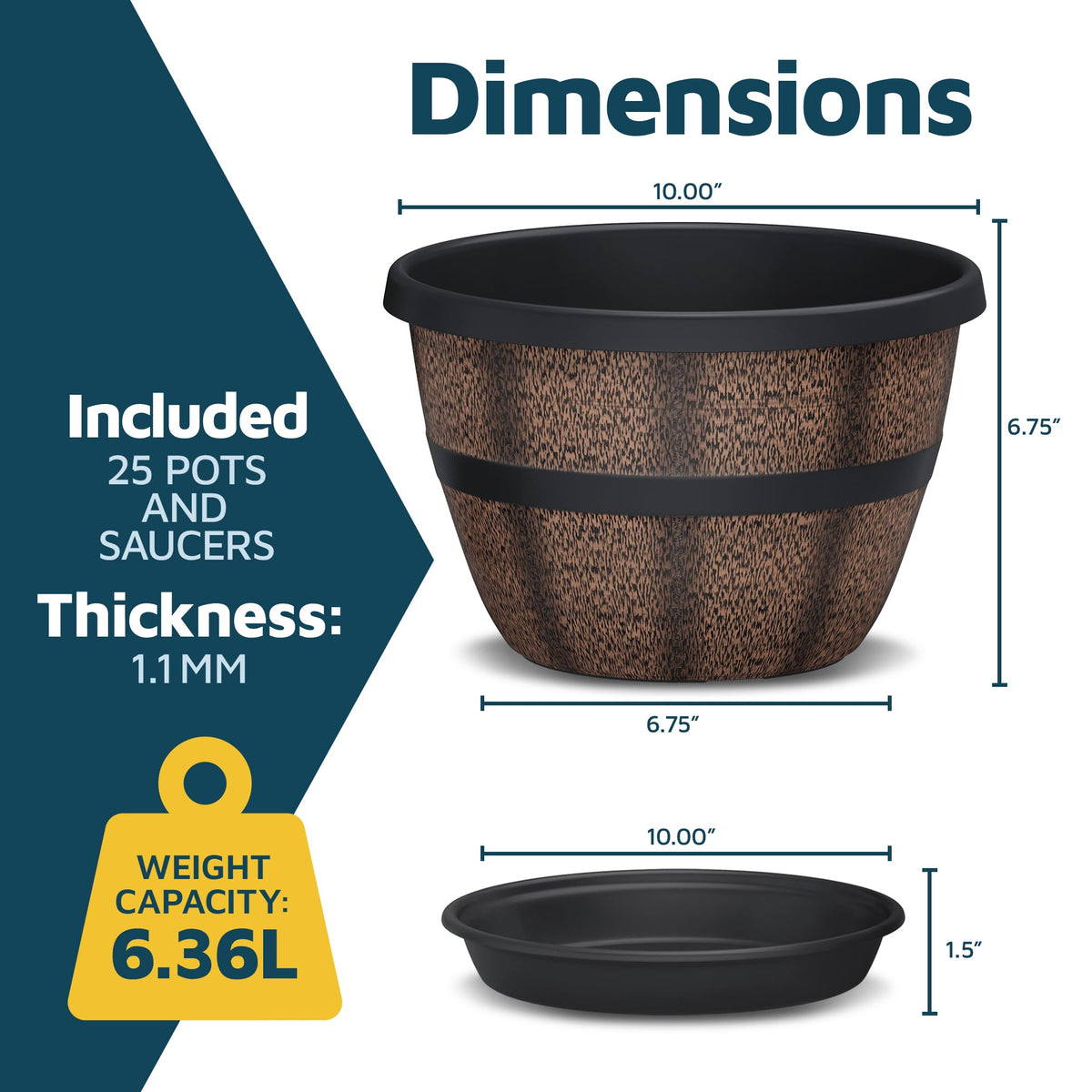 10-Inch Whiskey Barrel Planters Outdoor Pack of 25 - Durable Plastic Plant Pots for Indoor & Outdoor Use with Drainage & Saucer, Lightweight Rustic Barrel Planters for Flowers, Herbs & Small Plants