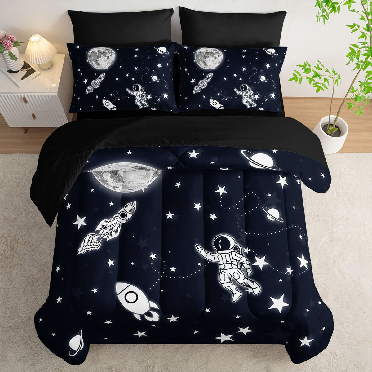 Smell Sunshine 7Pcs Space Comforter Set3D Space Rocket Planets Printed Bedding Set with 1 Comforter, 1 Flat Sheet, 1 Fitted Sheet and 4 Pillowcases for Boys and Girls Bedroom (Rocket Twin