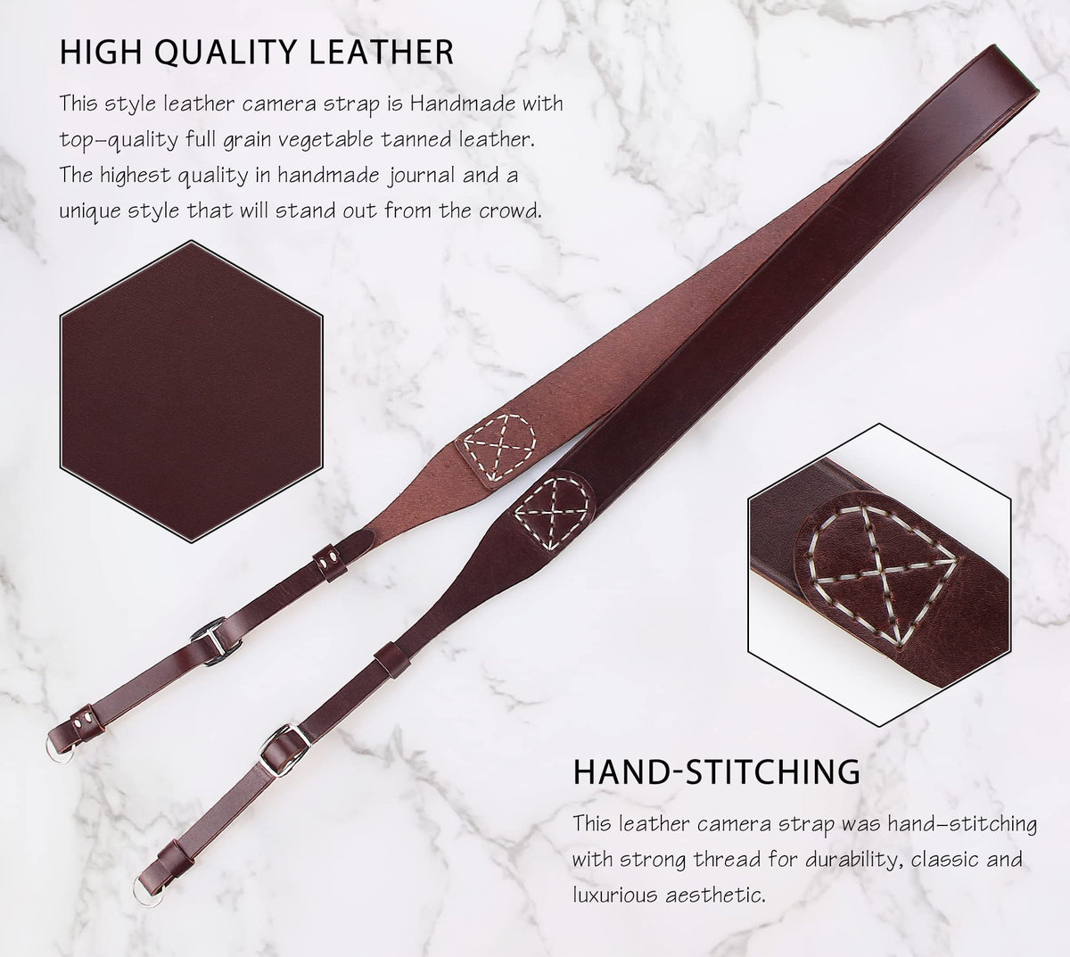 MY MEMORY Handmade Genuine Leather Camera Strap,Adjustable Camera Neck Shoulder Strap for All SLR and DSLR-Dark Brown
