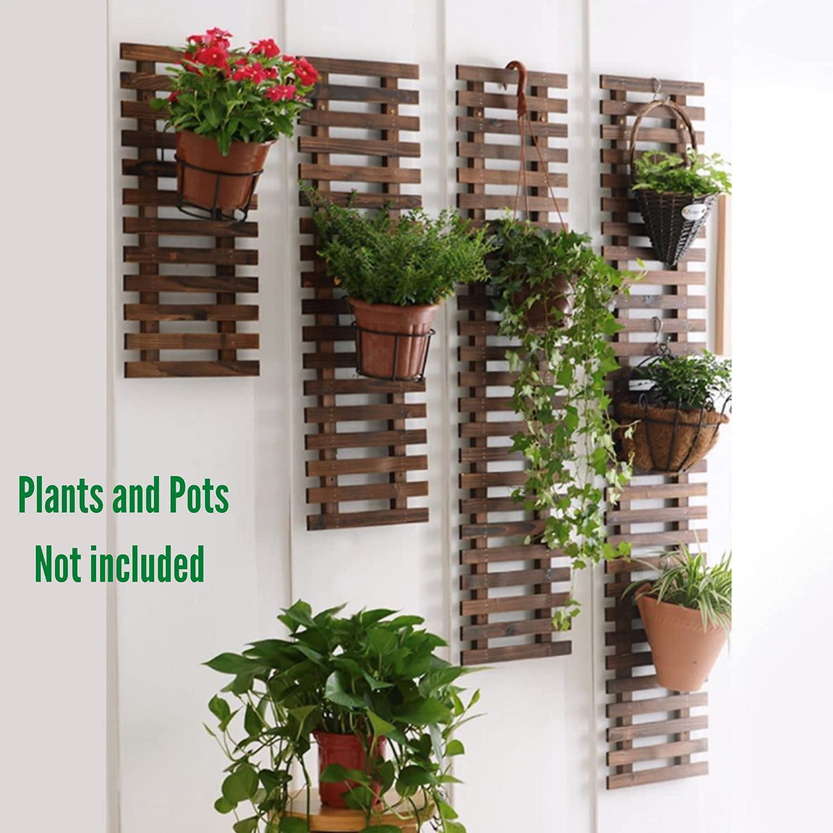ShopLaLa Bundle- 5 Pack Set Wooden Plant Holder + 10 Pack, 4 Inch White Self Watering Plastic Pots Hydroponic Living Wall Mount Vertical Garden Systerm Rustic Farmhouse Home Shelves Ladder Stand Decor