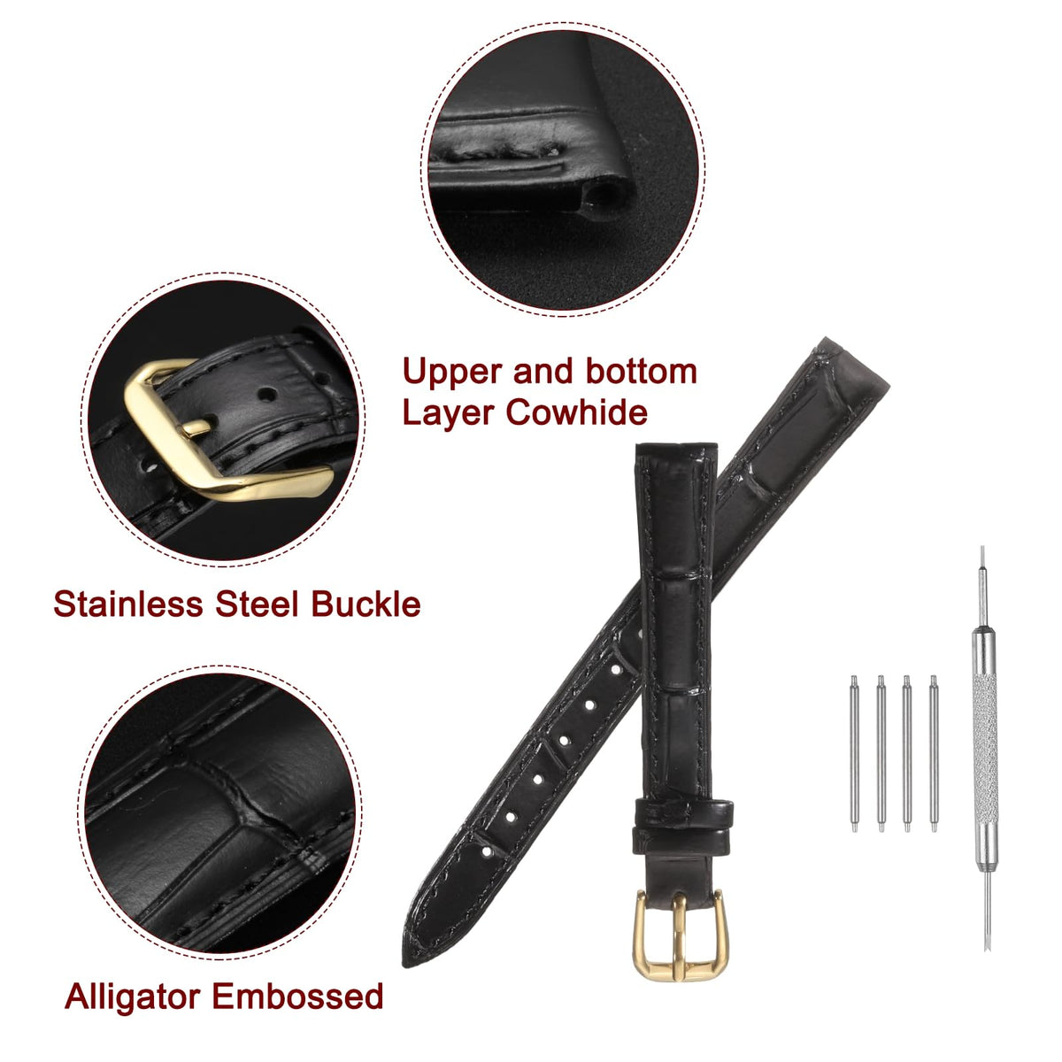 uxcell Leather Watch Band 12mm Embossed Pattern Cowhide Watch Strap Replacement with Spring Bars for Men and Women, Black Gold