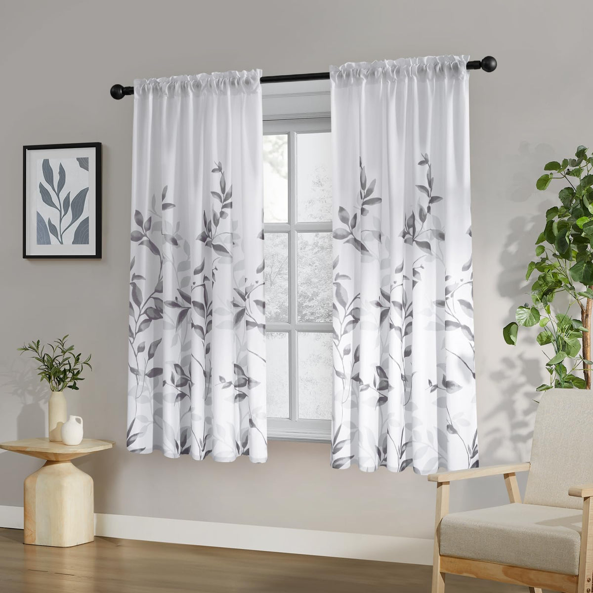 HOMEIDEAS Non-See-Through Light Grey and White Privacy Sheer Curtains 52 X 63 Inch Length 2 Panels, Leaf Floral Printed Light Filtering Semi Sheer Window Curtains Drapes for Bedroom Living Room