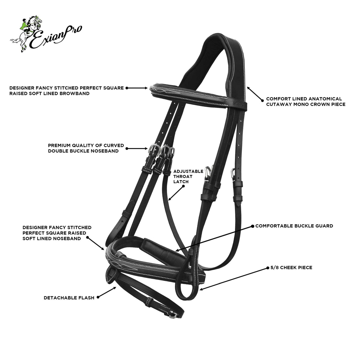 Exion English Jumping Hunter Bridle with Removable Flash Noseband, Rubber Reins & Brass Buckle | Soft Padded Raised Snaffle Browband & Noseband | Anti-Pressure Headpiece | Leather Horse Bridle