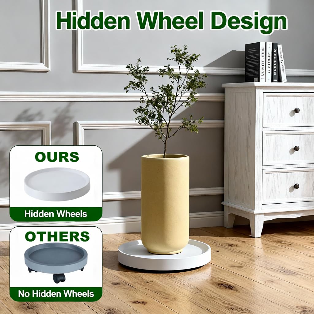 KangTeer 12.4" Plant Caddy with Hidden Wheels,2Pack Gray+Light Gray Round Heavy Duty Rolling Plant Stand,Easy Move Pots Trolley for Flower Pots,Ceramic Ornaments(12.4 inch)