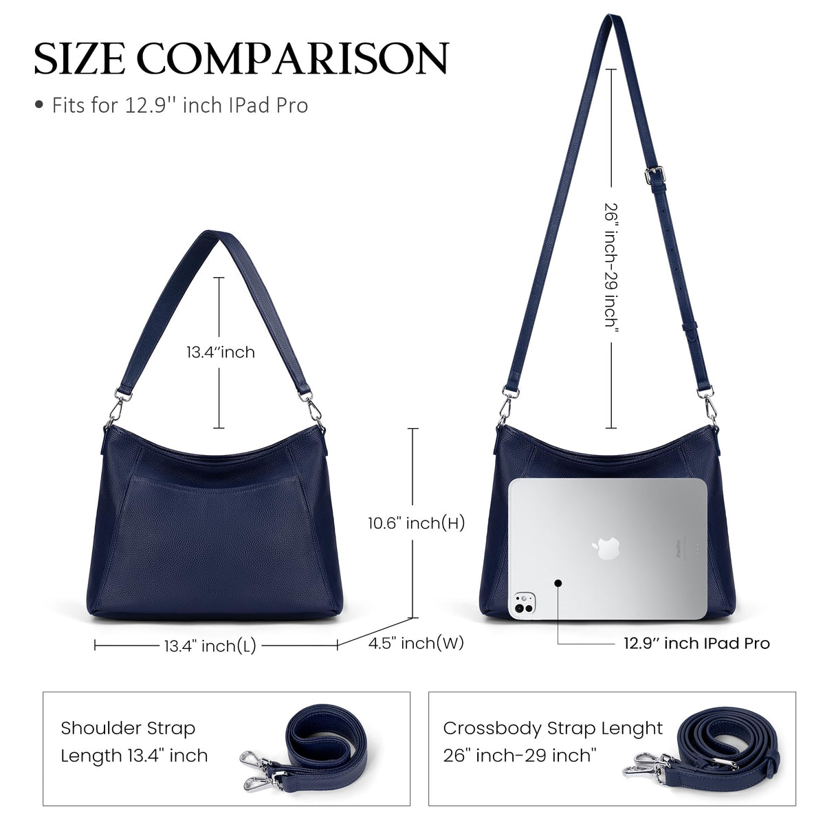 befen Genuine Leather Crossbody Bag for Women, Navy Blue Purses Soft Real Leather Hobo Bag with 2 Detachable Straps Designer Large Crossbody Purse Womens Shoulder Handbag for Daily and Work