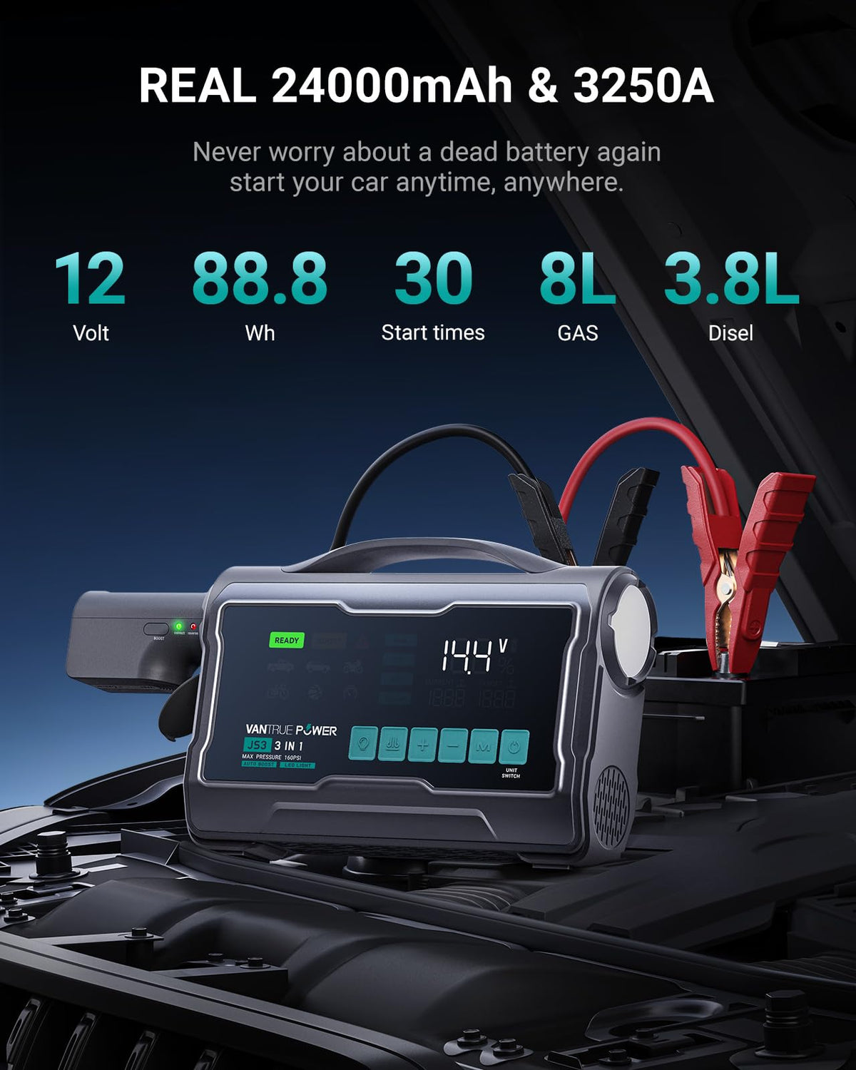 VANTRUE POWER JS3 Real 3250A Jump Starter with Air Compressor 160PSI, 12V Car Battery Booster with 9" Large Display, Jump Box with Light, 65W Fast Charging Power Bank, 8.0L Gas/3.8L Diesel Engines
