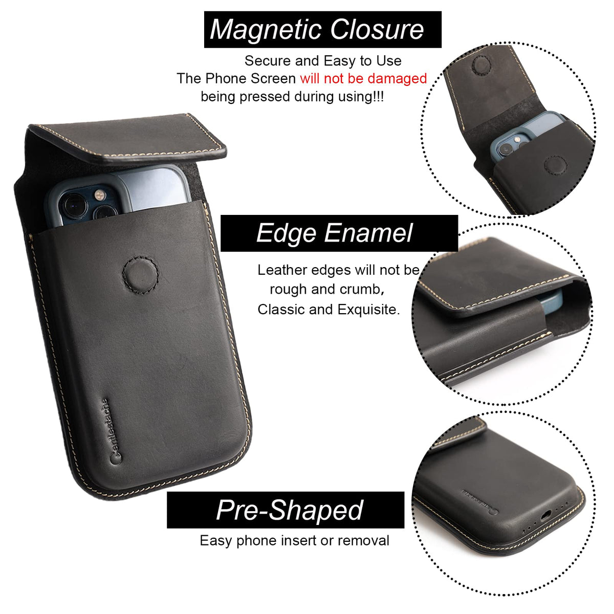 Gentlestache Leather Phone Holster for S25 S24 Ultra & Plus - Phone Holster Belt Case for iPhone 17 16 15 14 Pro Max & Plus - Magnetic Closure Belt Clip Leather Holder Pouch, XL, Black