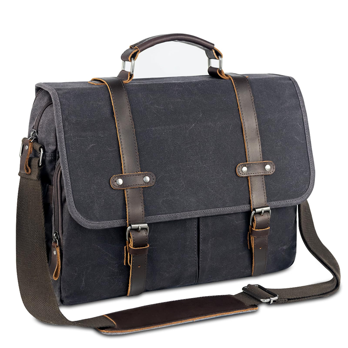 Wogarl 15.6 Inch Messenger Bag for Men Genuine Leather Waxed Canvas Briefcase Large Computer Laptop Bag, Satchel Shoulder Handbags Crossbody Bags for Work (Grey Black)