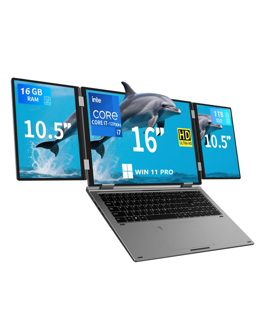 KOOFORWAY Triple Screen Laptop, 16" Main + Dual 10.5" Monitors, Core i7-12700H, 32GB RAM, 2TB SSD, Win 11 Pro, Wi-Fi 5, BT 5.0, Face & Fingerprint Unlock, USB-C, HDMI (16GB RAM + 1TB SSD)