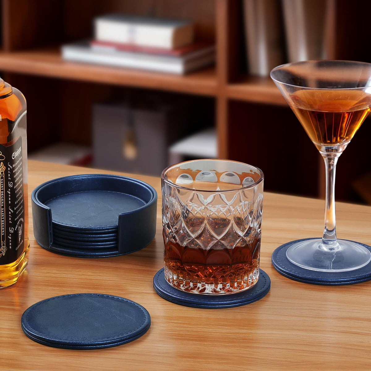 Leather Coasters Set of 6 with Holder, Tabletop Protection, Coffee Table & Bar Decoration, Modern-Style Drink Coasters Suitable for Home Dining Tables & Kitchen Accessories (Blue)