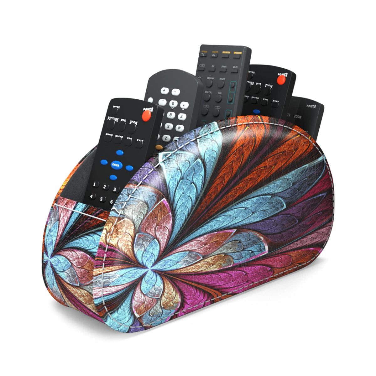 QIELIZI PU Leather Remote Caddy Desktop Organizer with 5 Spacious Compartments for TV Remotes/Media Controllers/Office Supplies (Fractal Flower)