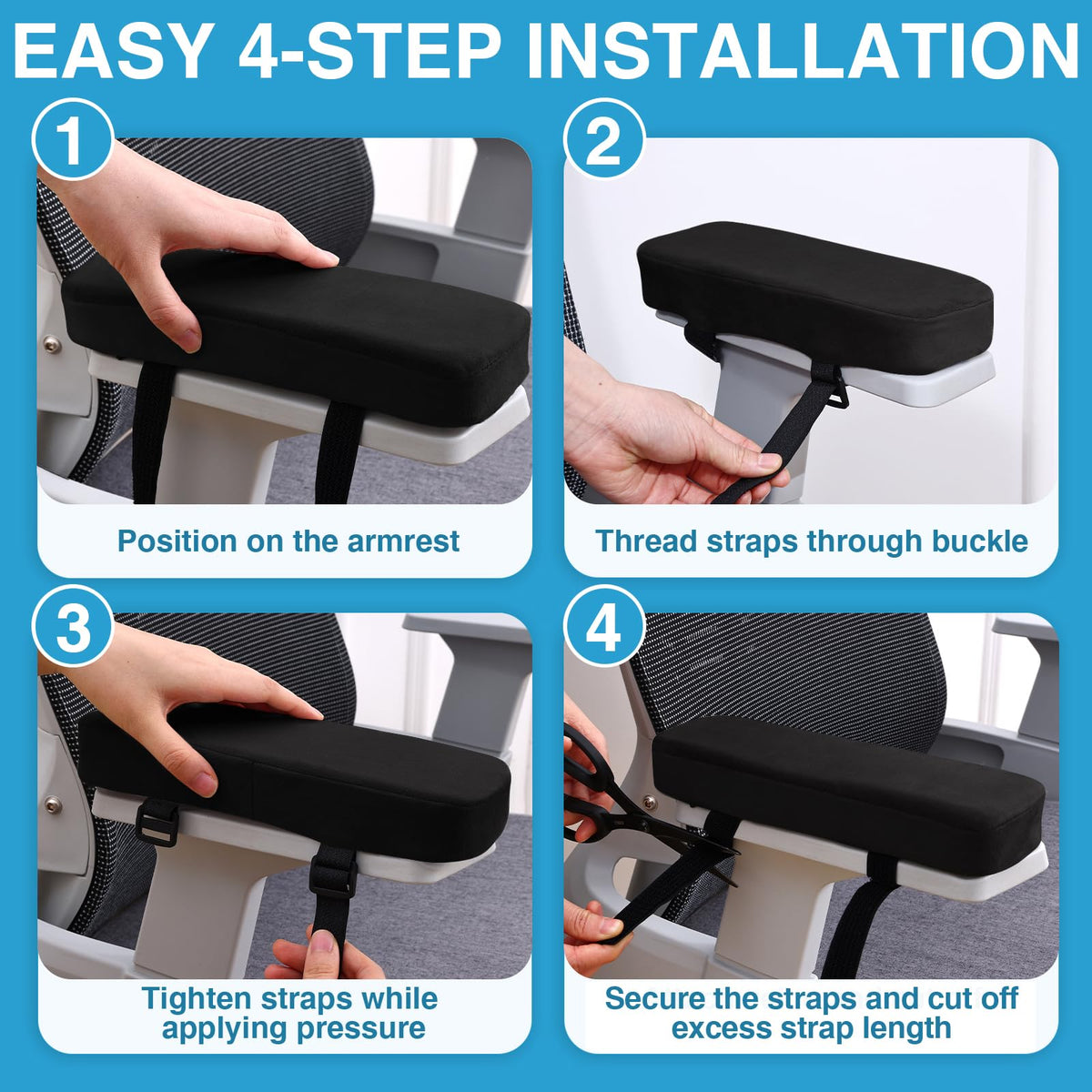 Smiry Ergonomic Office Chair Armrest Pads, Memory Foam Arm Rest Covers, Non-Slip Armrest Cushion with Adjustable Buckles and Straps, Elbow Relief for Desk, Gaming & Wheelchair (Black, Set of 2)